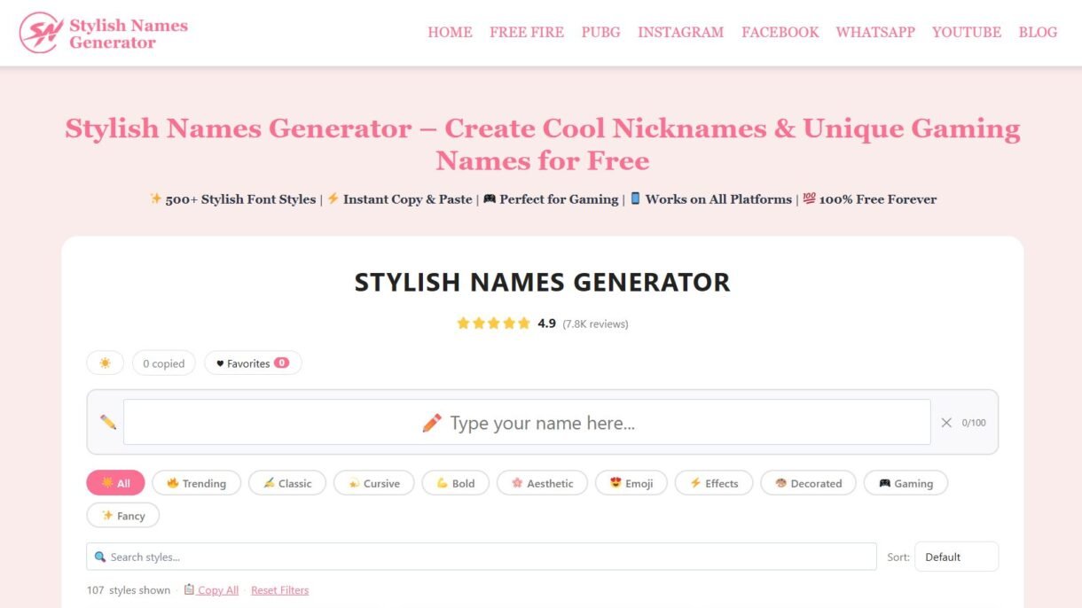 Stylish Names Generator Website Screenshot