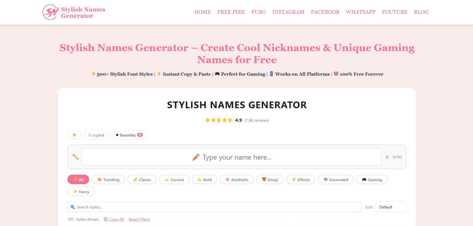 Stylish Names Generator Website Screenshot